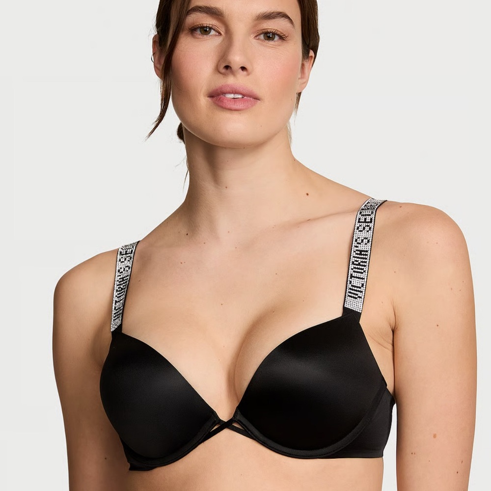 Victorias Secret Bombshell Black Logo Shine Strap Add-2-Cups Push-Up Bra 34C